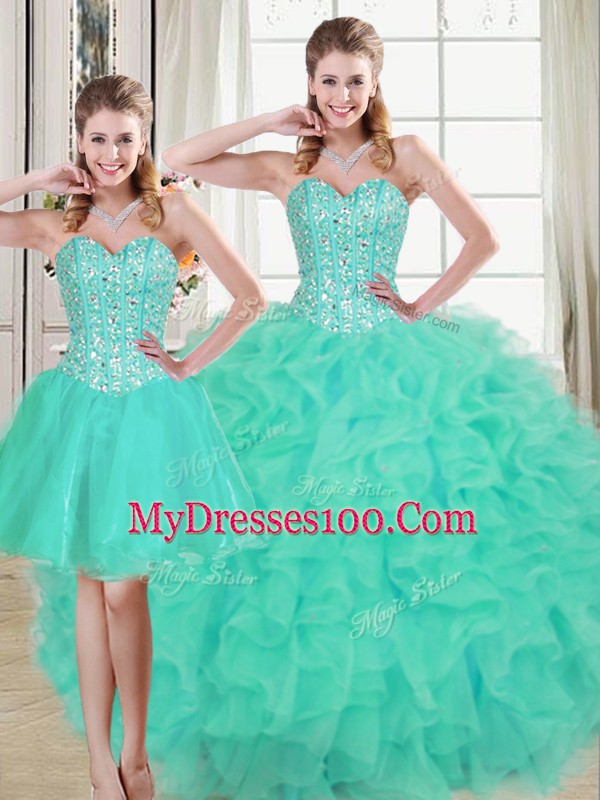 Clearance Turquoise Sleeveless Organza Brush Train Lace Up Sweet 16 Dress for Prom and Party and Military Ball and Sweet 16 and Quinceanera