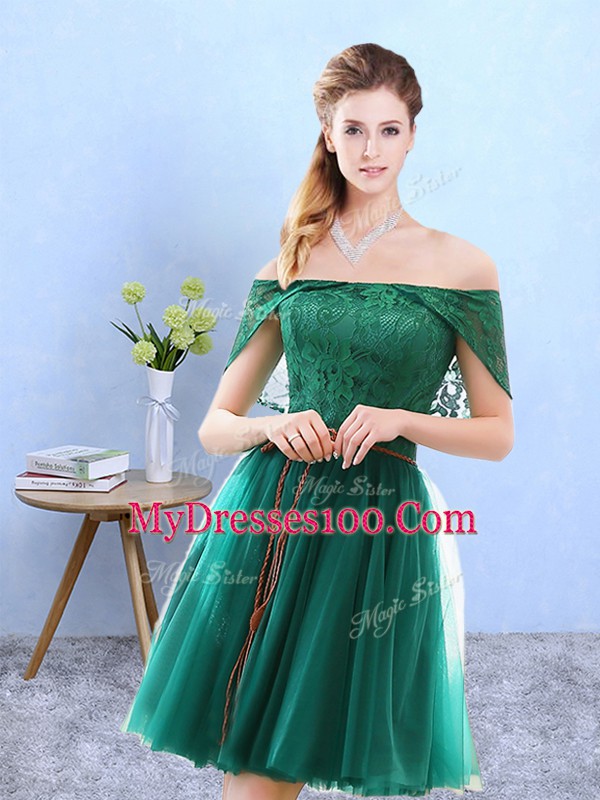 Custom Design Cap Sleeves Lace Up Knee Length Lace Bridesmaid Dress