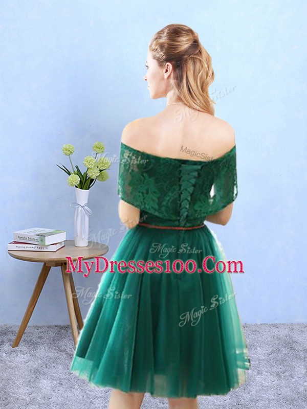 Custom Design Cap Sleeves Lace Up Knee Length Lace Bridesmaid Dress