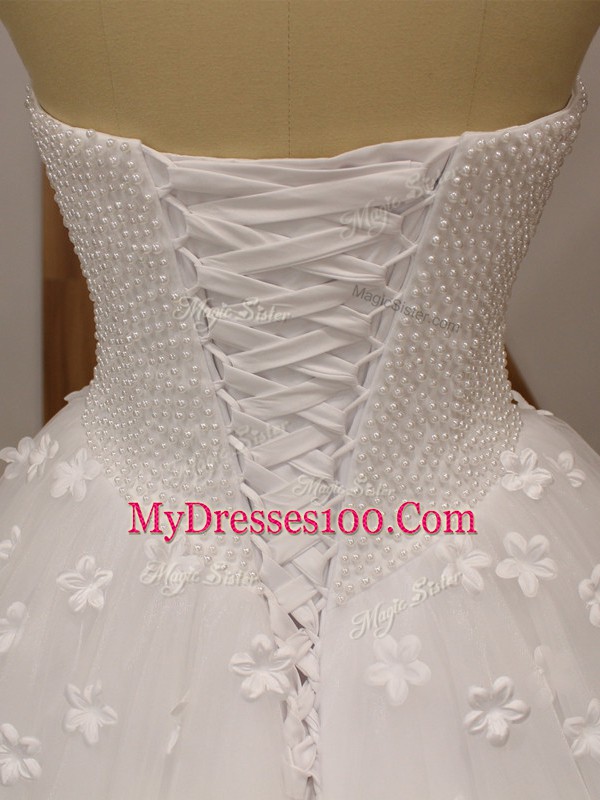 Custom Fit Sleeveless Beading and Hand Made Flower Lace Up Bridal Gown