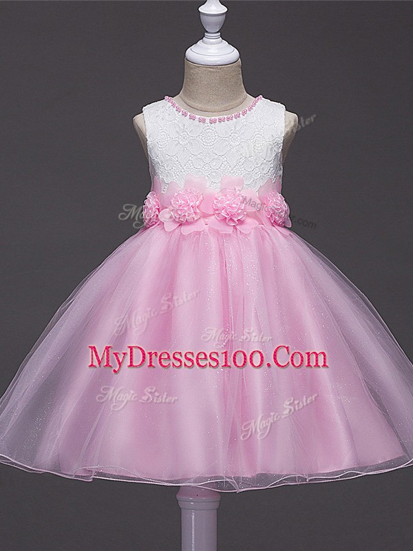 Baby Pink Tulle Zipper Scoop Sleeveless Knee Length Little Girls Pageant Dress Lace and Hand Made Flower