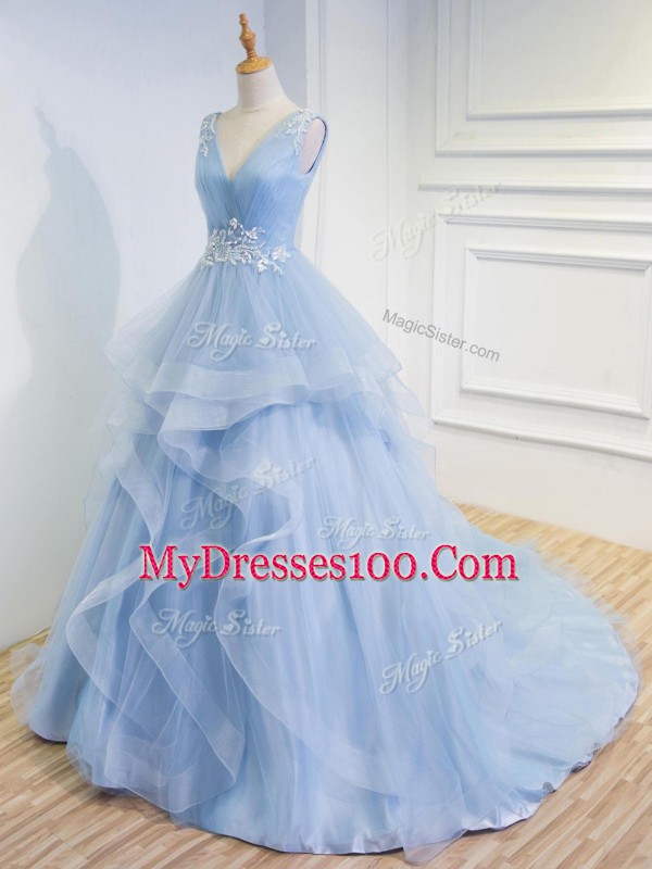 Artistic Sleeveless Brush Train Beading and Ruffles Lace Up Homecoming Dress