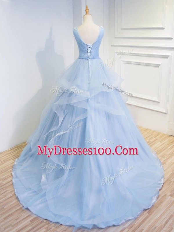 Artistic Sleeveless Brush Train Beading and Ruffles Lace Up Homecoming Dress