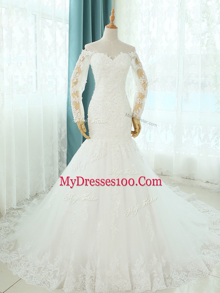 Custom Fit Sleeveless Court Train Beading and Appliques Lace Up Wedding Dress