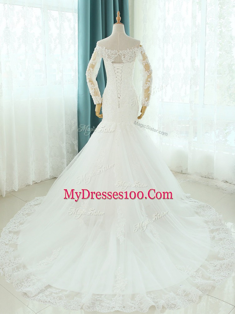 Custom Fit Sleeveless Court Train Beading and Appliques Lace Up Wedding Dress