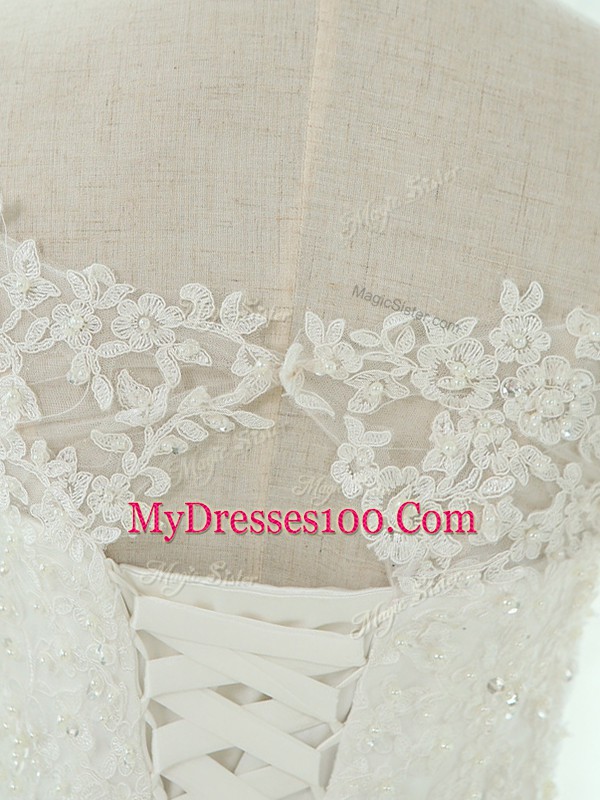 Custom Fit Sleeveless Court Train Beading and Appliques Lace Up Wedding Dress