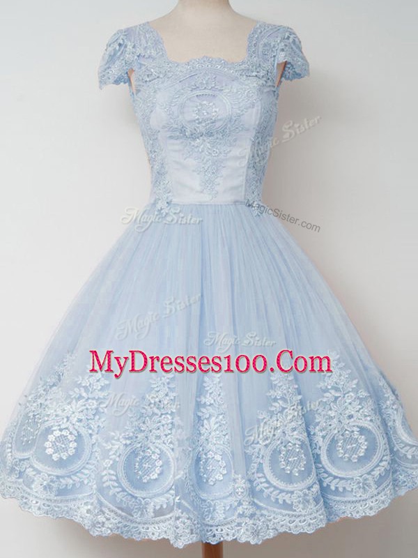 Dazzling Knee Length A-line Cap Sleeves Light Blue Dama Dress for Quinceanera Zipper