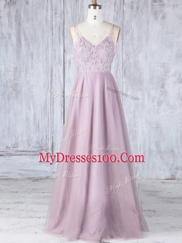 Pink Empire Lace Wedding Guest Dresses Clasp Handle Tulle Sleeveless Floor Length