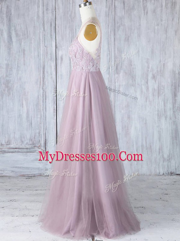 Pink Empire Lace Wedding Guest Dresses Clasp Handle Tulle Sleeveless Floor Length