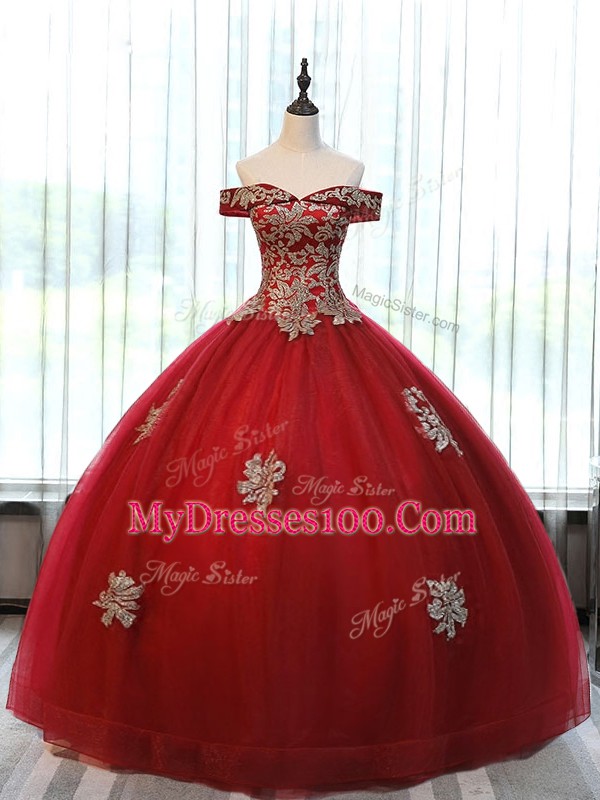 Wine Red Tulle Lace Up Quince Ball Gowns Sleeveless Floor Length Beading and Appliques