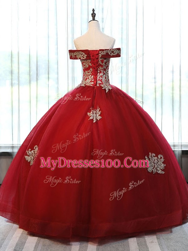 Wine Red Tulle Lace Up Quince Ball Gowns Sleeveless Floor Length Beading and Appliques