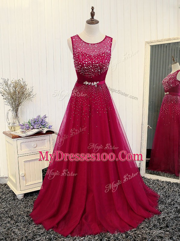 Attractive Scoop Sleeveless Brush Train Zipper Prom Evening Gown Fuchsia Tulle