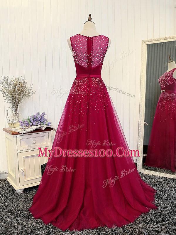 Attractive Scoop Sleeveless Brush Train Zipper Prom Evening Gown Fuchsia Tulle