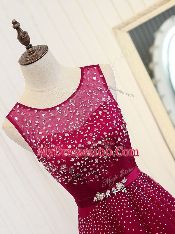 Attractive Scoop Sleeveless Brush Train Zipper Prom Evening Gown Fuchsia Tulle