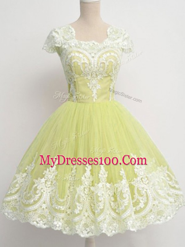Custom Designed Yellow Green Cap Sleeves Knee Length Lace Zipper Wedding Guest Dresses