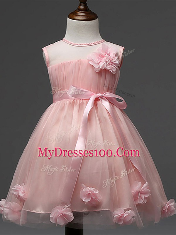 Elegant Knee Length Zipper Little Girls Pageant Dress Wholesale Pink for Wedding Party with Hand Made Flower