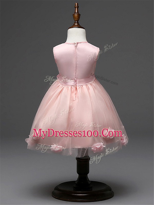 Elegant Knee Length Zipper Little Girls Pageant Dress Wholesale Pink for Wedding Party with Hand Made Flower