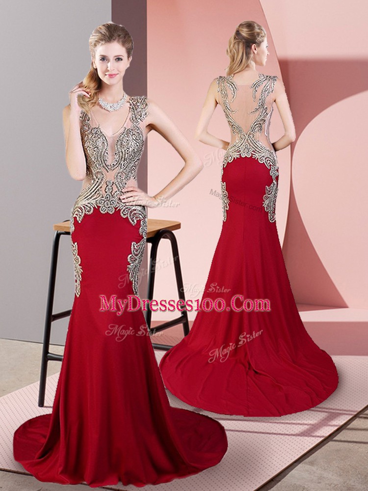 Pretty Wine Red Elastic Woven Satin Side Zipper Sleeveless Brush Train Beading