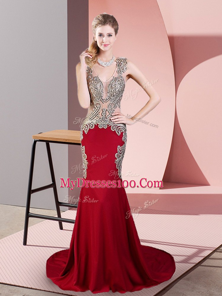 Pretty Wine Red Elastic Woven Satin Side Zipper Sleeveless Brush Train Beading