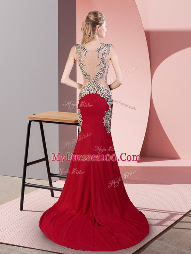 Pretty Wine Red Elastic Woven Satin Side Zipper Sleeveless Brush Train Beading