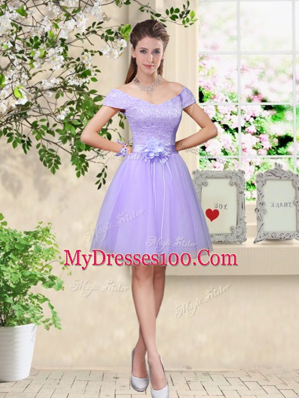 Lilac Tulle Lace Up Dama Dress Cap Sleeves Knee Length Lace and Belt