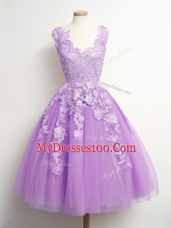 Lilac Tulle Lace Up V-neck Sleeveless Knee Length Wedding Guest Dresses Appliques