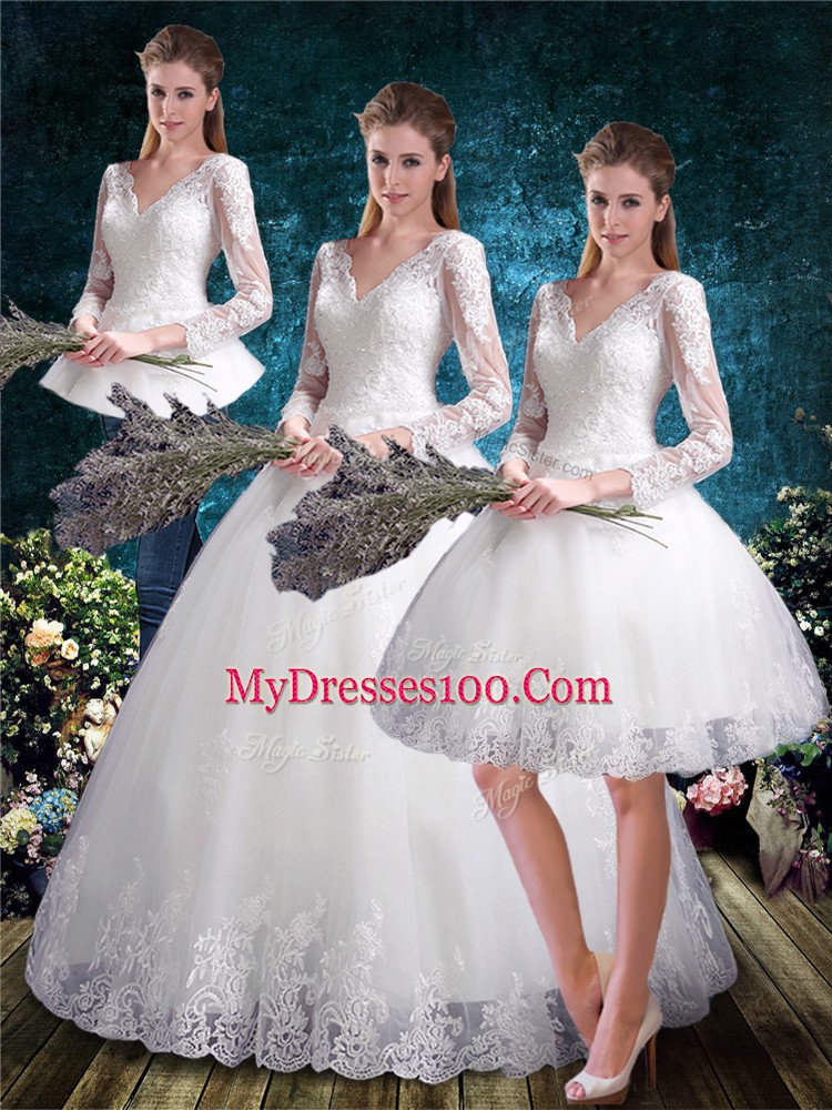White Three Pieces Lace Wedding Dress Lace Up Tulle 3 4 Length Sleeve Floor Length