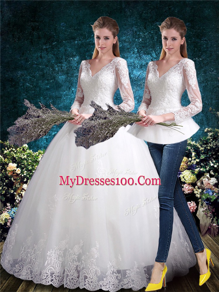 White Three Pieces Lace Wedding Dress Lace Up Tulle 3 4 Length Sleeve Floor Length
