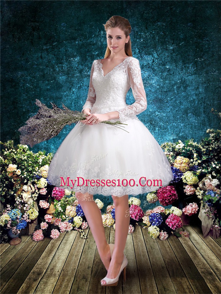 White Three Pieces Lace Wedding Dress Lace Up Tulle 3 4 Length Sleeve Floor Length