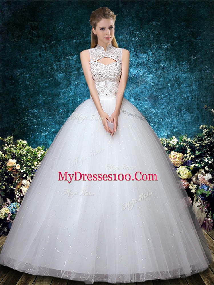 Romantic Sleeveless Lace Up Floor Length Beading and Appliques and Embroidery Bridal Gown