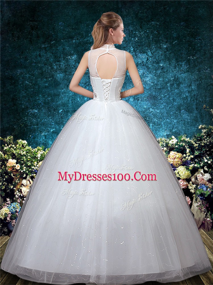 Romantic Sleeveless Lace Up Floor Length Beading and Appliques and Embroidery Bridal Gown