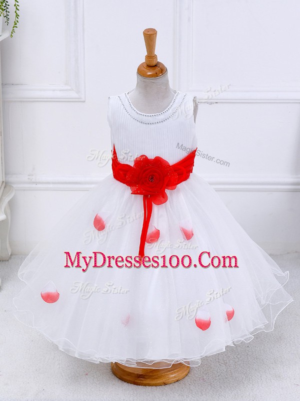 Super White Sleeveless Hand Made Flower Tea Length Little Girl Pageant Gowns
