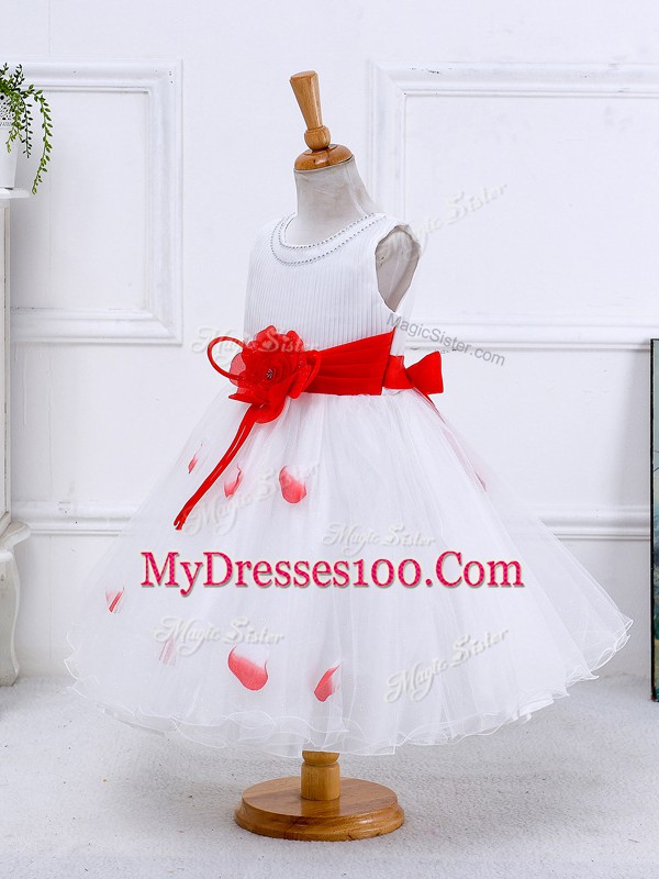 Super White Sleeveless Hand Made Flower Tea Length Little Girl Pageant Gowns