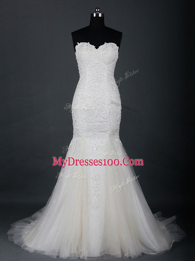 Lovely Sleeveless Tulle Brush Train Zipper Wedding Dresses in White with Lace