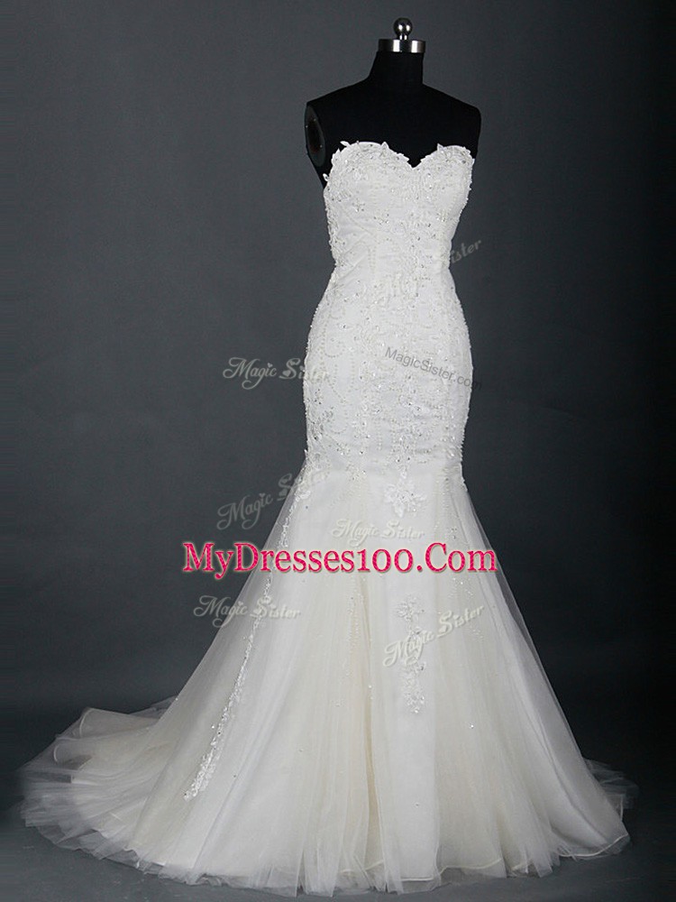 Lovely Sleeveless Tulle Brush Train Zipper Wedding Dresses in White with Lace