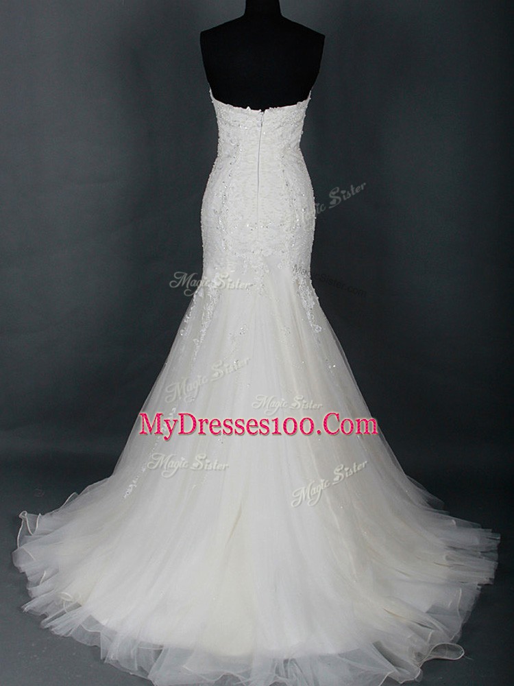 Lovely Sleeveless Tulle Brush Train Zipper Wedding Dresses in White with Lace