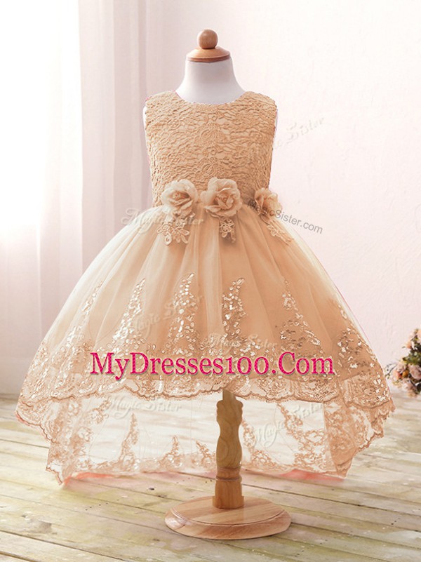 Simple Champagne Sleeveless High Low Lace and Bowknot and Hand Made Flower Zipper Kids Pageant Dress