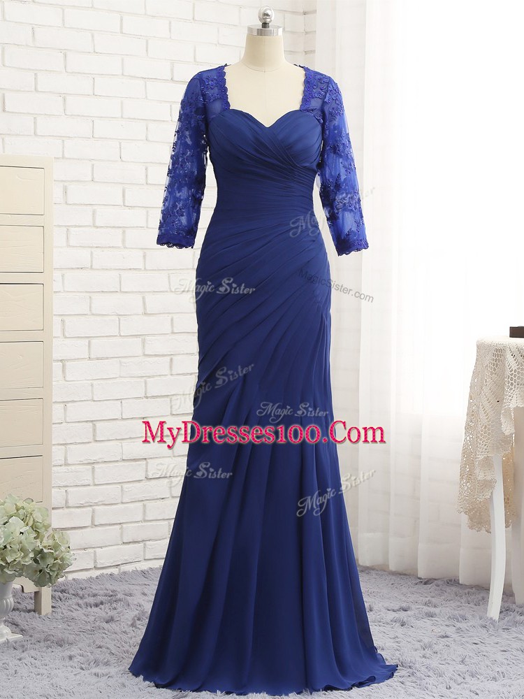 Charming Blue 3 4 Length Sleeve Chiffon Zipper Mother of Bride Dresses for Prom and Party and Sweet 16