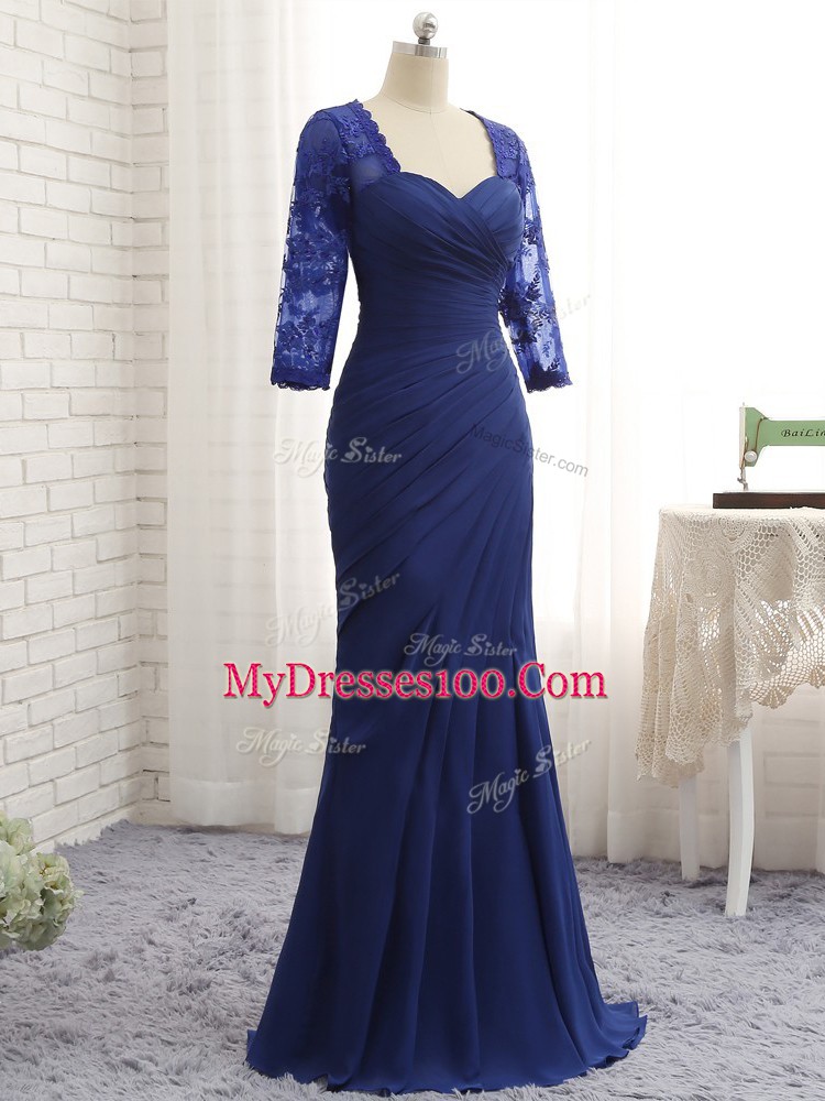 Charming Blue 3 4 Length Sleeve Chiffon Zipper Mother of Bride Dresses for Prom and Party and Sweet 16