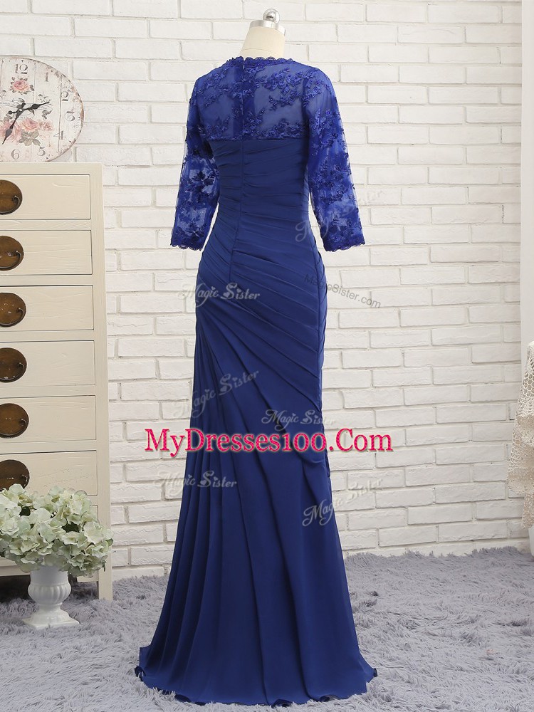 Charming Blue 3 4 Length Sleeve Chiffon Zipper Mother of Bride Dresses for Prom and Party and Sweet 16