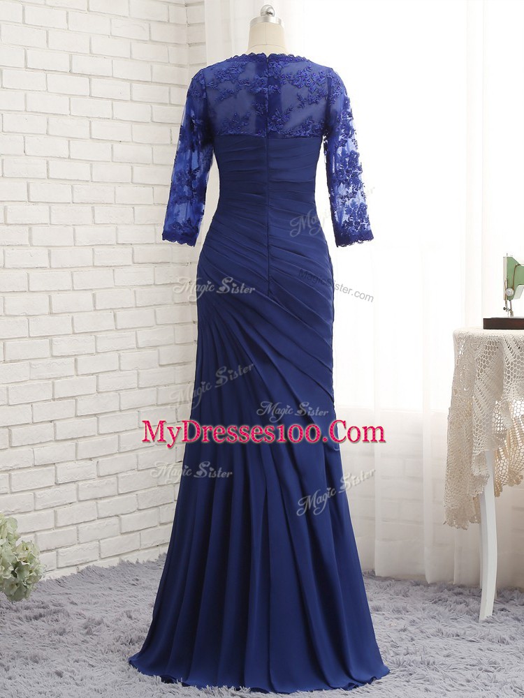 Charming Blue 3 4 Length Sleeve Chiffon Zipper Mother of Bride Dresses for Prom and Party and Sweet 16