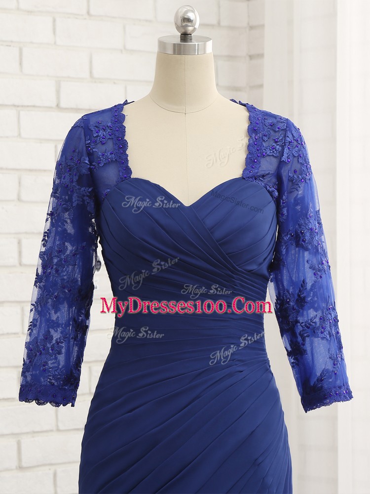 Charming Blue 3 4 Length Sleeve Chiffon Zipper Mother of Bride Dresses for Prom and Party and Sweet 16