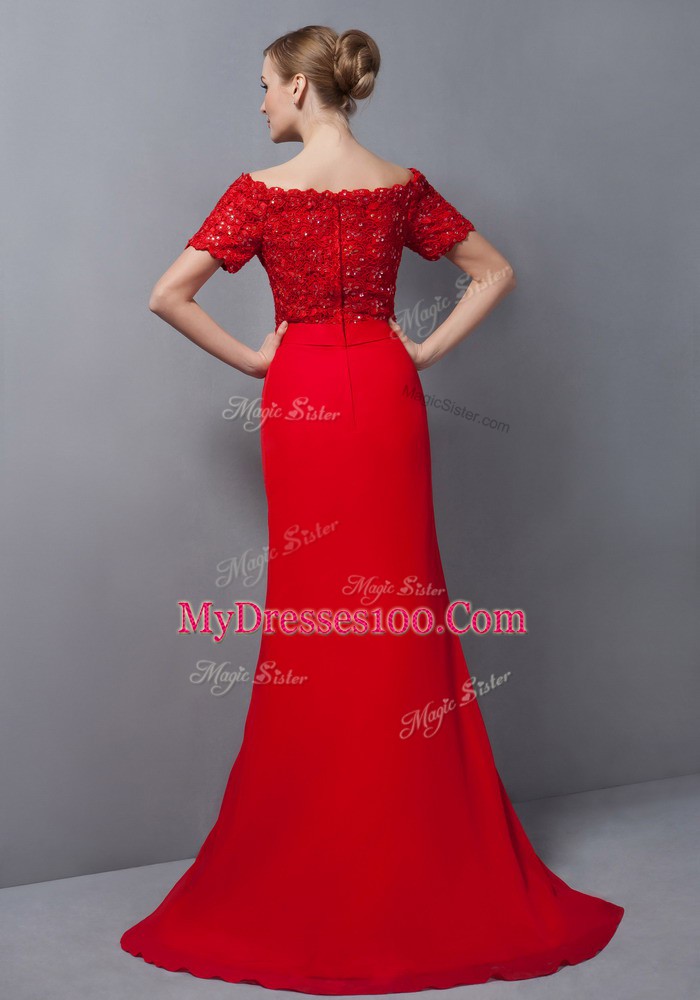 Exquisite Gold Empire Off The Shoulder Short Sleeves Chiffon Sweep Train Zipper Lace Mother of Bride Dresses