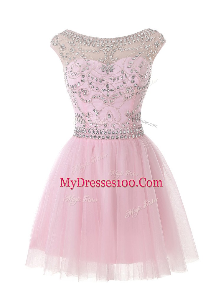 Classical A-line Prom Evening Gown Baby Pink Scoop Tulle Sleeveless Mini Length Zipper