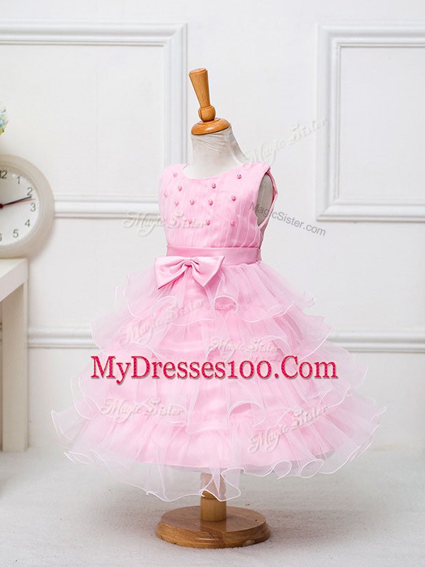 Sleeveless Zipper Tea Length Ruffled Layers and Bowknot Flower Girl Dress