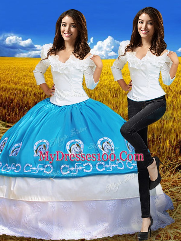 Blue And White Lace Up 15th Birthday Dress Embroidery 3 4 Length Sleeve Floor Length
