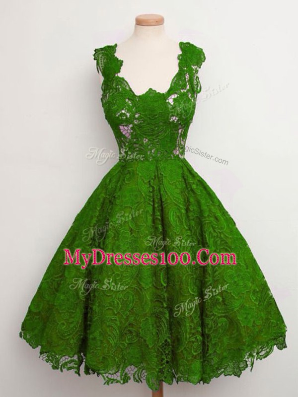 Sleeveless Lace Up Knee Length Lace Dama Dress for Quinceanera