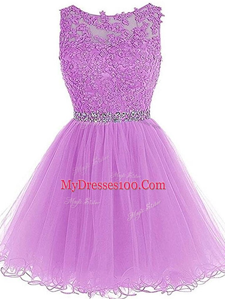 Lilac A-line Scoop Sleeveless Tulle Mini Length Lace Up Beading and Lace and Appliques Prom Dresses