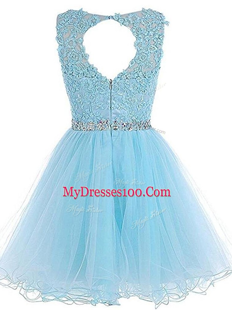 Lilac A-line Scoop Sleeveless Tulle Mini Length Lace Up Beading and Lace and Appliques Prom Dresses