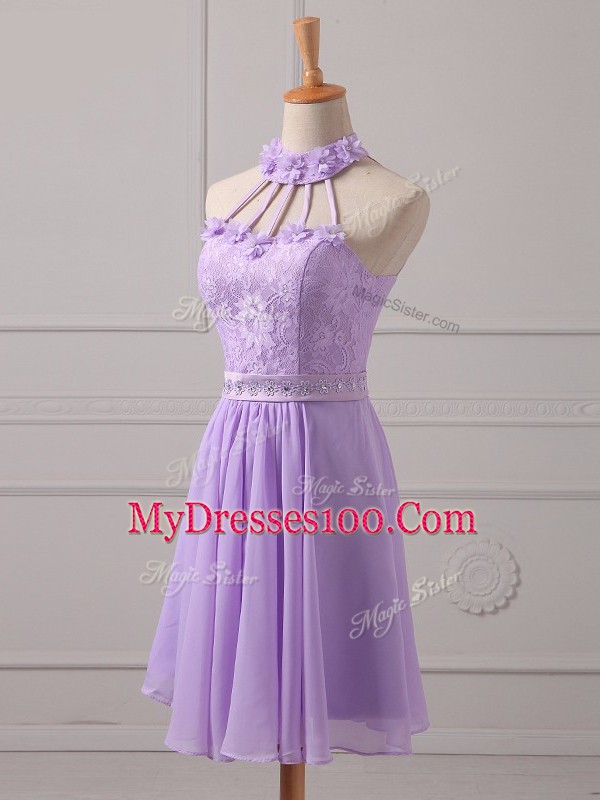 Lavender Chiffon Lace Up Bridesmaid Dresses Sleeveless Mini Length Lace and Appliques